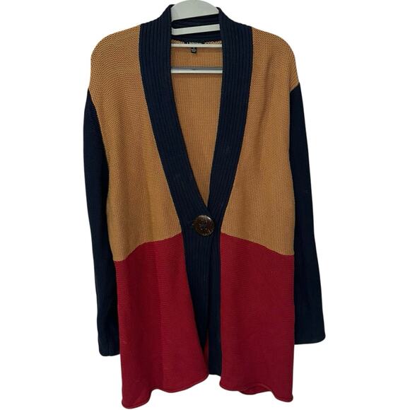 J. Peterman Colorblock Cardigan Sweater Button Front Navy Camel Red Women’s XL - Picture 1 of 7